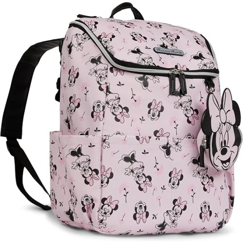 Disney Diaper Bag Backpack with Changing Pad Minnie Mouse – 16” Nylon Baby Bag for Parents, Insulated Bottle Holders, Multiple Storage Pockets