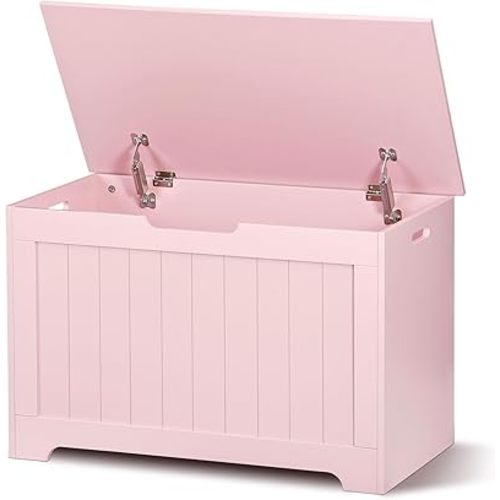 SUPER DEAL Storage Chest, 30 inches Chest Box Organizer with 2 Safety Hinges, Wooden Entryway Storage Bench, Pink