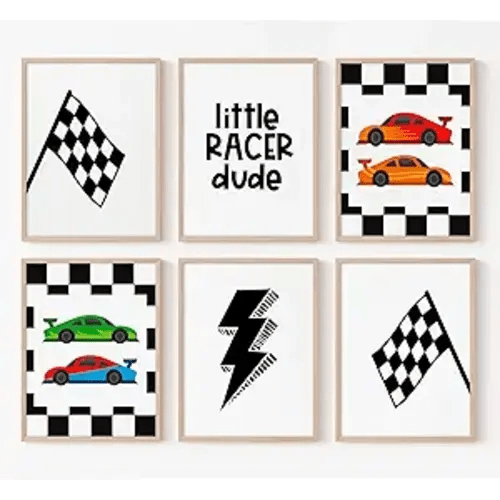Tanmart Race Car Wall Art Pictures Boys Room Wall Decor Nursery Toddler Canvas Wall Art Kids Playroom Art Prints Boys Race Car Poster Nursery Artwork Set of 6 for Bedroom 8x10 Inch Unframed