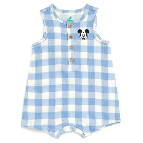 Disney Mickey Mouse Baby Boys' Sleeveless Cotton Gauze Button Romper Light Blue Gingham Mickey Mouse