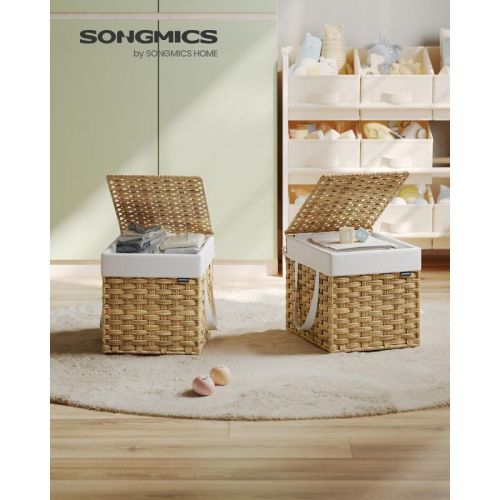 Foldable Laundry Hamper with Lid and Removable Liner, 9.5 Gallon Synthetic Rattan Basket for Small Spaces, Goose Yellow