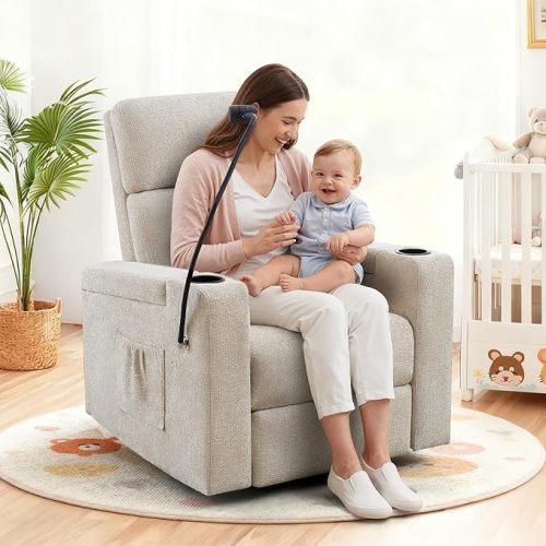 Power Swivel Glider Rocking Chair Nursery, Skin-Friendly Premium Chenille Electric Glider Rocker Recliner Chair with Armrest Storage, USB A&C Ports, Cup Holder, Phone Holder, Chenille Beige