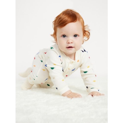 Printed Long-Sleeve Thermal-Knit Henley One-Piece for Baby
