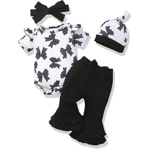 Renotemy Newborn Baby Girl Clothes Infant Romper Spring Summer Outfits Gifts Bell Bottoms Pant Sets for Girls Preemie-12Month