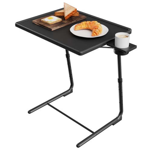 TV Tray Table with Cup Holders, Portable C-Shaped Side Dinner Tray Table, Adjustable 6 Heights & 3 Tilt Angle for Living Room, Bedroom, Black