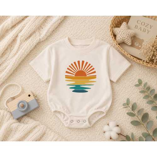 Retro Sunset Graphic Baby Romper, Vintage Sun Summer Infant Clothes