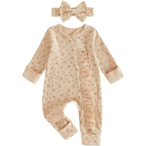 Socutebabe Newborn Baby Girl Fall Winter Clothes Coming Home Outfit Ruffle Romper Cute Ribbed Knit Jumpsuit Headband