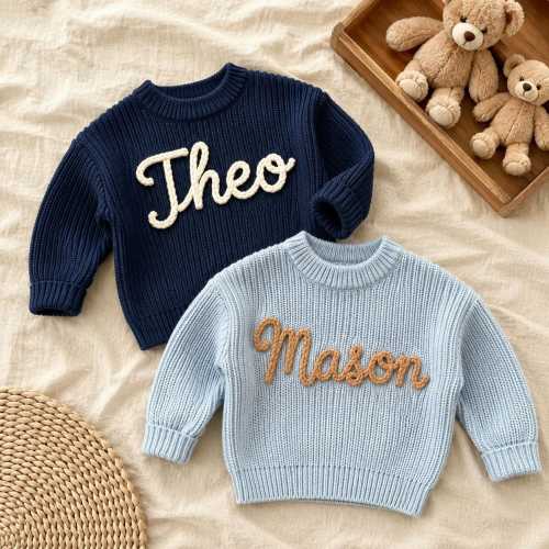 Hand-Embroidered Baby Name Sweater, Personalized Knit Newborn Jumper, 3D Cloud Cotton Yarn