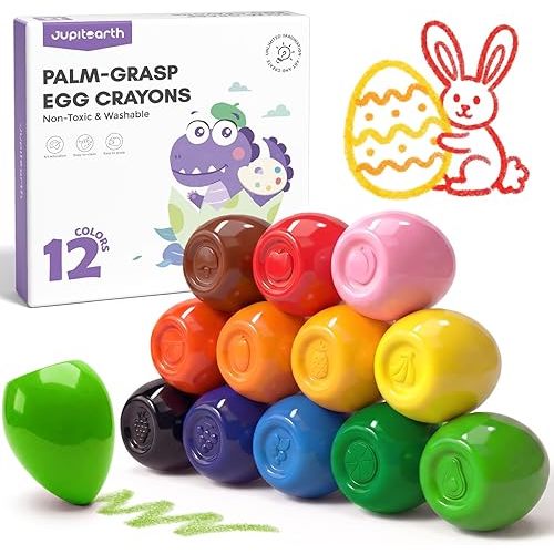 JUPITEARTH 12 Colors Egg Crayons for Toddlers 1-3, Palm-Grasp Non Toxic Jumbo Washable Crayons for Kids, Fat Brain Toys for Preschool Art Supplies and Perfect Easter Gifts for Boys and Girls