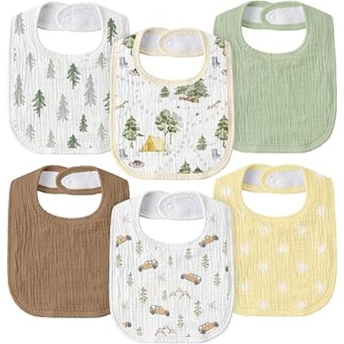 GLLQUEN BABY Muslin Drool Bibs for Boys Girls 6 Pack, Adjustable Baby Bibs for Drooling and Teething, Soft Cotton Baby Bandana Bib for Newborn Feeding Essentials (Cross-country Adventure)