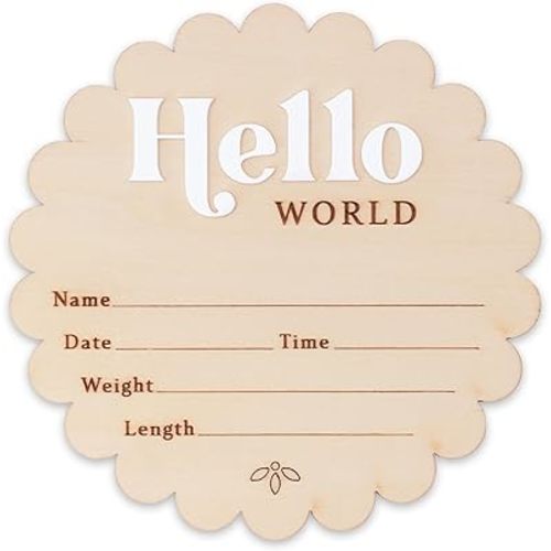 Hello World Wooden Baby Birth Announcement Sign, Scalloped Edge, Name Date Time Weight Length Fields (White)