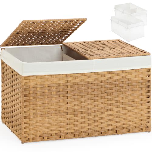 SETVSON Storage Basket with Lid Wicker Baskets for Storage with 2 Separate Lid 42.3 Gallon (160 L) 29.9 x 17.3 x 18.1 Inches Rattan Woven Large Wicker Basket with 2 Liners for Bedroom Laundry Natural