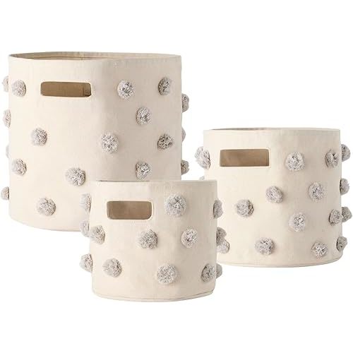 Pehr Pom Pom Trio Bundle, Grey | Bin, Pint & Mini | 100% Cotton Canvas, Handmade Decorative Organizers | Stylish Nursery & Playroom Storage, Durable & Functional