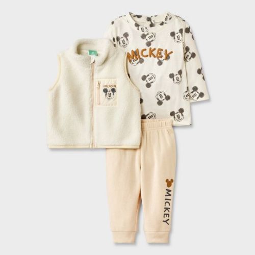 Baby Boys' 3pc Disney Mickey Mouse Long Sleeve Shirt with Cozy Zip-Up Vest & Bottom Set - Brown/Off-White