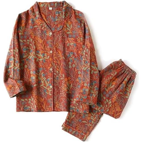 Vintage Leaf Cotton Lapel Loungewear Set, Ginkgo Leaf Button Colorful Floral Pure Pajama, Women's Pajama Two Piece Set