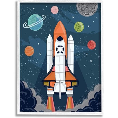 Stupell Industries Rocket Ship Ready for Flight Outer Space Planets, Design by Lisa Perry Whitebutton, 11 x 14, Blue