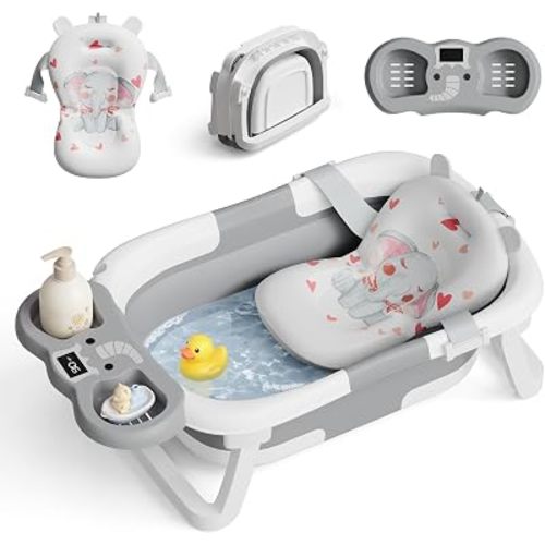 Elephant Baby Bathtub, Collapsible, Thermometer, Grey