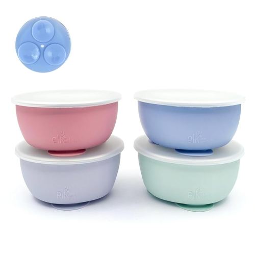 Elk and Friends Stainless Steel Bowls with Silicone Sleeve for Babies & Toddlers | Lids Included | Stay Put Suction | Cereal & Snack Bowls | 4 Pack : Baby