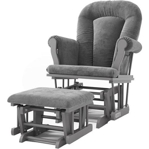 Child Craft Cozy Glider Rocker and Ottoman Set, Padded Cushion with Convenient Storage Pockets, Solid Wood Base & Frame (Cool Gray with Dark Gray Cushion)