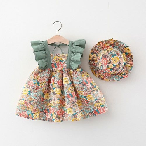 MyKids-USA Baby Girl Flower Pattern Butterfly Sleeve Design Cute Dress With Hat