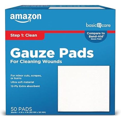 Amazon Basic Care Gauze Pads, 4x4 inches Sterile Medical Wound Dressing Sponges for Cleaning, Covering, & Cushioning Cuts & Minor Injuries, 50 Count (Pack of 1), (Previously All Health)