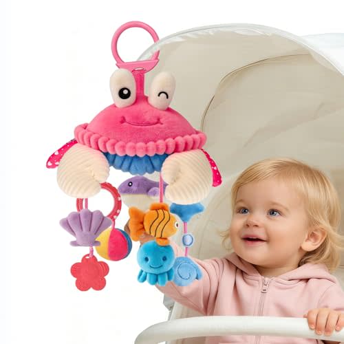 Car Seat Toys for Babies 0-6 Months, Hanging Sensory Crab Plush Toy for Stroller, Crib & Play Gym, Montessori Infant Activity Toy with Mirror, Rattle & Teether, Newborn Baby Gifts 0-12 Months (Pink)