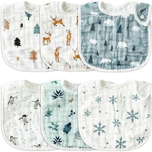 Zainpe 6Pcs Snap Muslin Cotton Baby Bibs Cute Themes Snowflake Penguin Pattern Infants Drooling Bib Adjustable Burp Cloth Soft Absorbent Feeding Cloths for Unisex Newborn Toddler Teething Eating