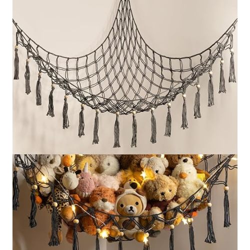 Stuffed Animal Toy Storage Hammock with LED Light - Macrame Jumbo Doll Corner Stuff Animals Organizer Decorations - Cute Hanging Plushie Net Kids Baby Nursery Bedroom Room Decor