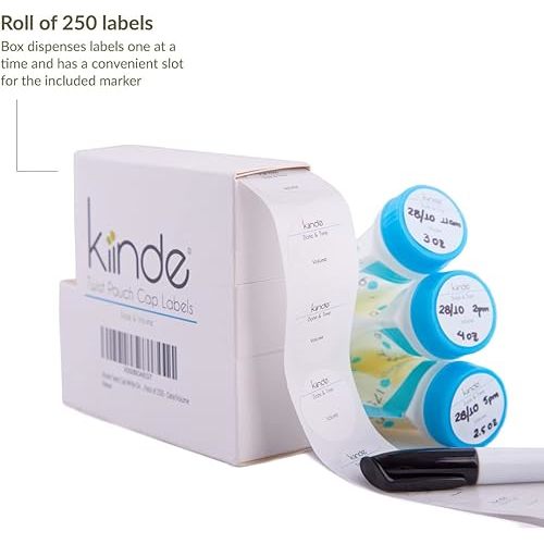 Kiinde Twist Cap Single-Use Write-On Labels for Breast Milk and Baby Food Storage Pouches (Pack of 250) - Includes Label Dispenser with Marker and Marker Holder