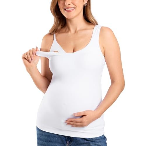 MOMANDA Maternity Nursing Tank Tops with Built in Bra Sleeveless Casual Pregnancy Tee V Neck Workout Shirt