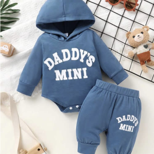 2pcs Set, Casual, Cute, Baby Boy Clothes, Infant Romper, Toddler Autumn/Winter Outfit, Soft & Comfortable, Letter Print Hoodie Top And Solid Letter Print Pants Set, Suitable For Daily, Vacation, Party, Outdoor