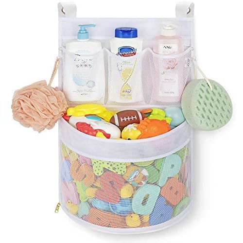 Baby Bath Toy Organizer, Quick Drying， and Mould Proof, Multiple-Suspension Bath Toy Holder, Large Capacity Multi Use Bathtub Toy Storage Bag（1 Large, White）