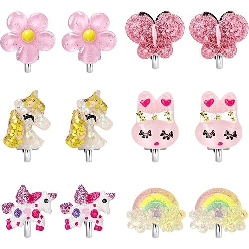 6Pairs Unicorn Flower Clip On Earrings for Little Girls, Toddler Butterfly Clip On Jewelry Rainbow Earrings Kids Dress Up Jewelry