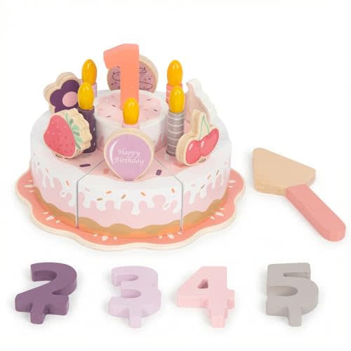 WoodenEdu Pretend Play Food for Toddlers 2-5,Wooden Birthday Fake Cake Toy | Including Candles and Numbers,Tea Party Learning Kitchen Set Birthday Gift Toys for Boys Girls