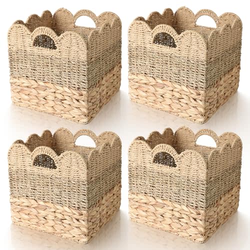 Jdvads 12x12 Storage Cube Bins Wicker Storage Basket for Cube Shelf, Set of 4 Collapsible Scalloped Storage Bins with Handle, Square Woven Baskets for Organizing Shelves Bedroom Pantry
