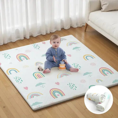 Baby Play Mat for Floor with Waterproof Cover + Extra Replacement Cover, 50x50 Playpen Mat, Thicken Soft Baby Crawling Mat Skin-Friendly for Toddlers and Infants, Foldable and Machine Washable