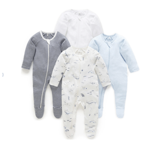 4 Pack Zip Coverall Vanilla Nautical Pack - Purebaby Sleepwear | Maisonette