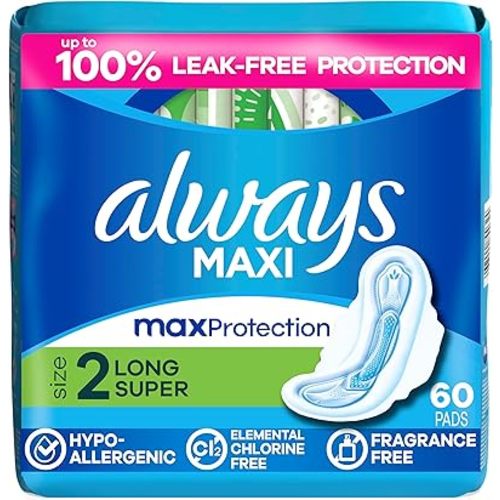 Always Maxi Feminine Pads with Wings for Women, Size 2, Long Super Absorbency, Unscented 60 Count
