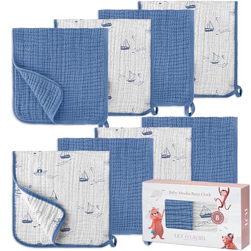 Muslin Burp Cloths, 20"x10"- Pack of 8, 6 Layers Super Soft Absorbent & Breathable 100% Cotton for Baby Drool and Messes, Burp Cloth Baby Boy and Burp Cloths Baby Girl