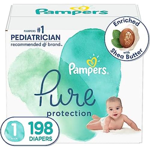 Diapers Size 1, 198 Count - Pampers Pure Protection Disposable Baby Diapers, Hypoallergenic and Unscented Protection (Packaging & Prints May Vary)