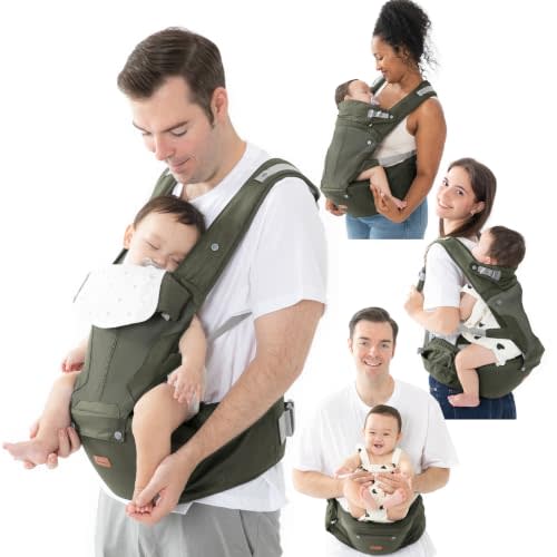 BabbleRoo 6-in-1 Baby Carrier with Hip Seat, Ergonomic Newborn to Toddler Carrier 7–50 lbs, Front Back Hip Carry, Lumbar Support, Sun Hood, Safety-Certified, Seaweed Green
