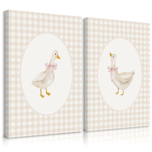 Nursery Goose Wall Art Girl Coquette Canvas Wall Decor Baby Room Wall Art Pink Bow Pictures Vintage Prints Duck Gingham Poster Girl Nursery Painting for Bedroom Living Room 16x24x2 Inch Ready to Hang