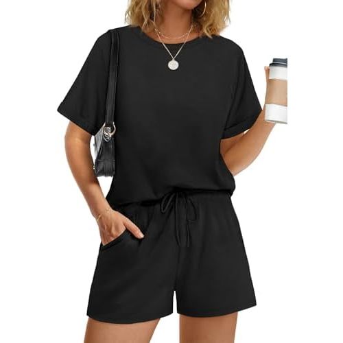 WIHOLL Women's 2 Piece Lounge Sets Short Sleeve T-Shirt and Drawstring Shorts Casual Pajamas Vacation Outfits with Pockets