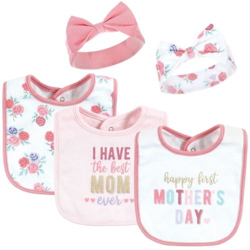 Hudson Baby Infant Girl Cotton Bib and Headband or Caps Set, Mothers Day, 0-9 Months
