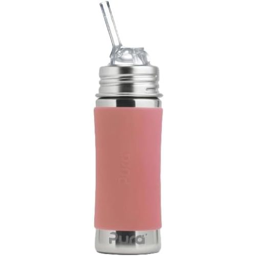 Pura Kiki 11oz/325ml Stainless Steel Straw Bottle w/Sleeve - 100% Plastic-Free, MadeSafe Certified, 100% Medical-Grade Silicone Straw for Kids, Toddlers, Preschoolers, Babies & Infant - New Rose