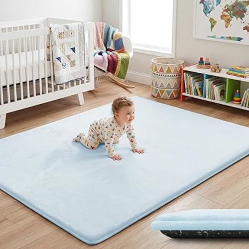 1.5" Thick Baby Play Mat for Floor, 50x50 Playpen Mat, Pro Soft Flannel Foam Mats Toddler Infant Kids Crawling for Nursery Rug Playroom Living Room Waterproof Easy Care Non-Slip (Baby Blue)