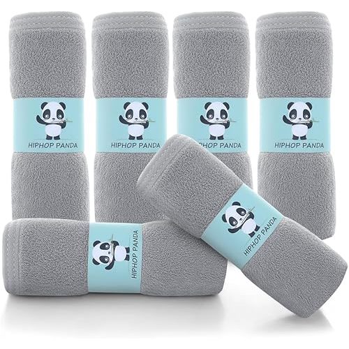 HIPHOP PANDA Baby Washcloths, Rayon Made from Bamboo - 2 Layer Ultra Soft Absorbent Newborn Bath Face Towel - Reusable Baby Wipes for Delicate Skin - Grey, 6 Pack