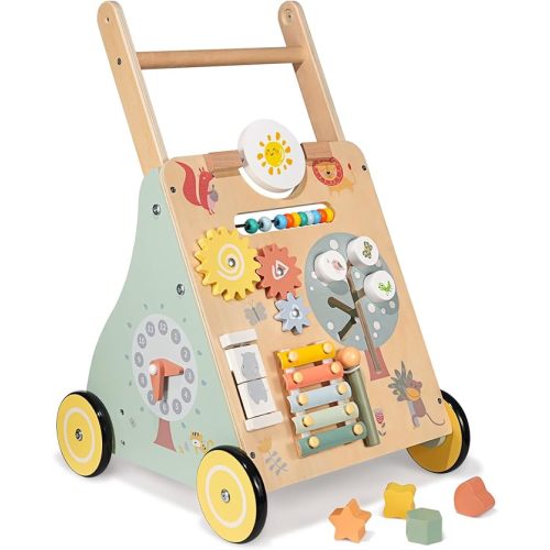 Wooden Baby Walker, Multiple Learning Activities Center Develops Motor Skills for Infant to Toddler, Push and Pull Walkers with Wheel for Boys Girls (ZOO)