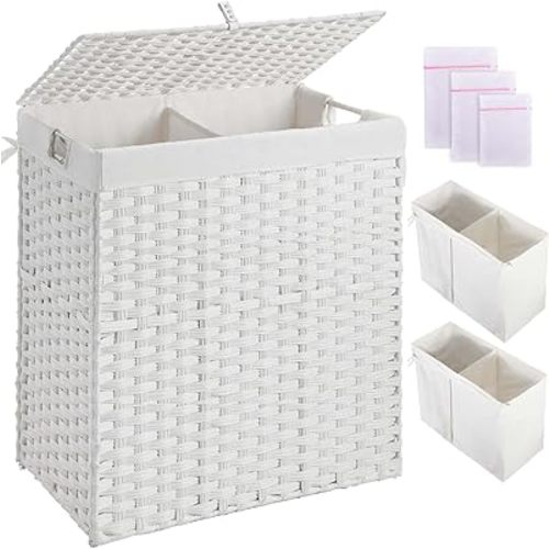 Greenstell Laundry Hamper with lid, No Install Needed, 110L Wicker Laundry Baskets Foldable 2 Removable Liner Bags, 2 Section Clothes Hamper Handwoven Rattan Laundry Basket with Handles, White