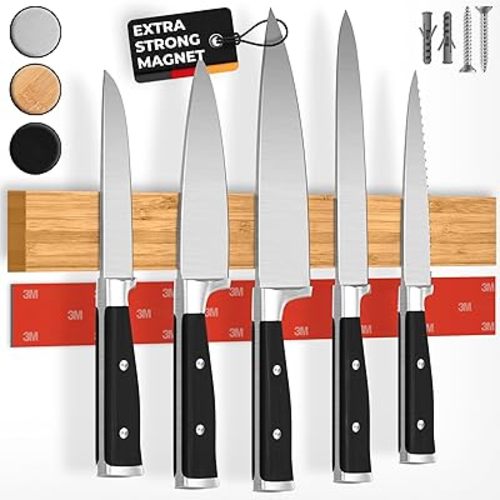CUCINO Magnetic Knife Holder for Wall 16" No Drilling incl. Self Adhesive Tape - Extra strong Knife Holder - Awarded Knife Magnetic Strip - Made of Bamboo